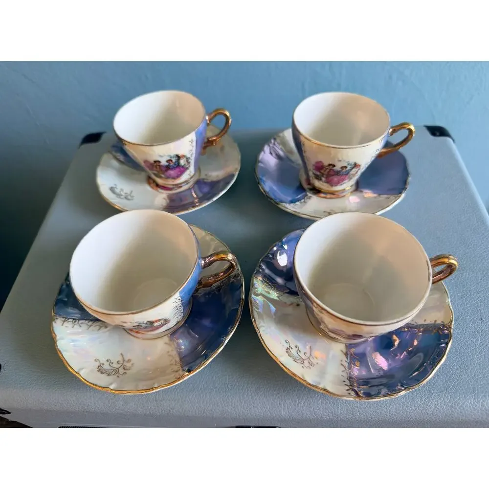 Set 4 Vintage Japan Lusterware Fragonard Demitasse Cups Saucers Purple Gold
